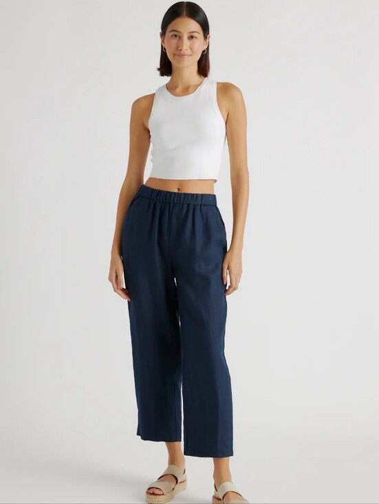 Quince Pants - Quince Linen Pants Navy Blue Women's Medium Elastic Waist And Pockets
